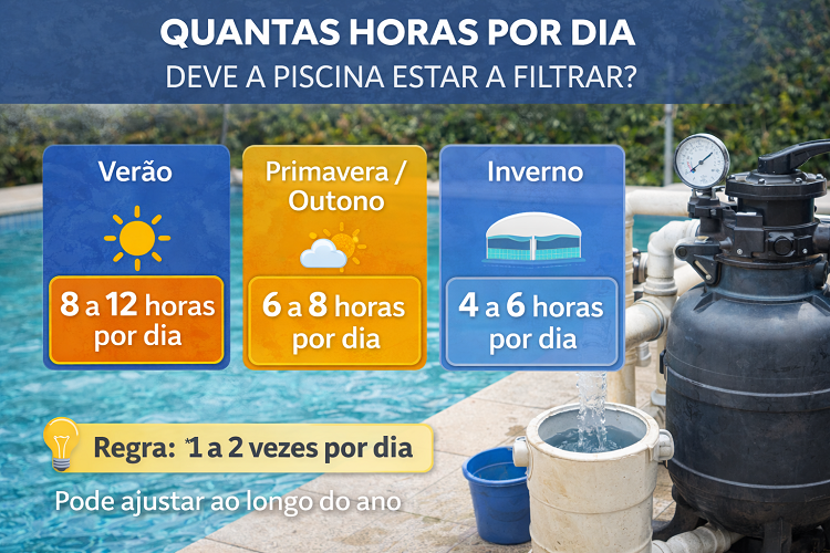 Filtro de piscina com baldes e texto sobre horas de filtragem por estação do ano