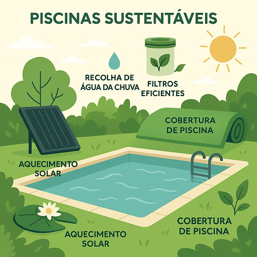 Ilustração de piscina sustentável com aquecimento solar, filtros e cobertura verde