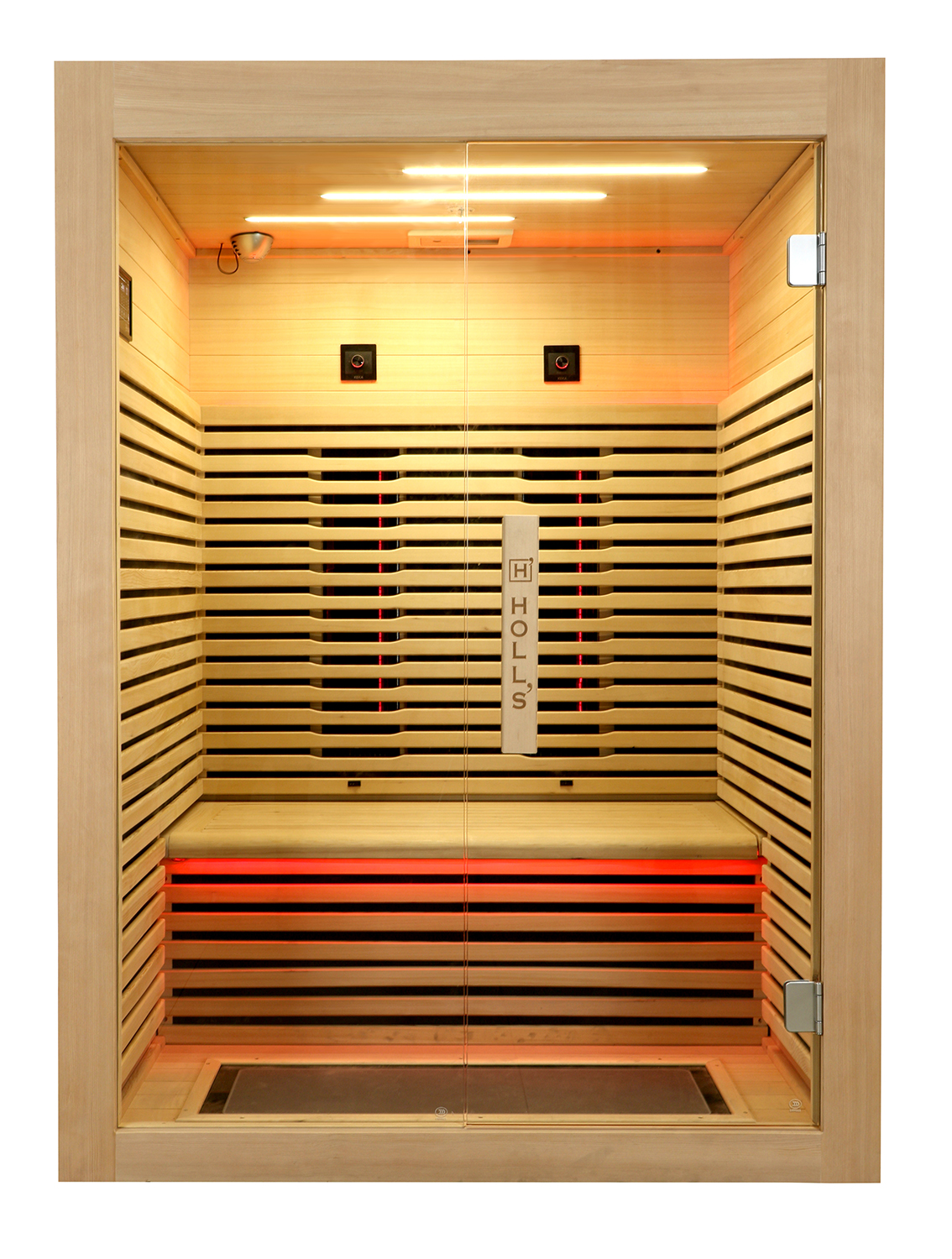 Cabine de sauna interior com porta de vidro e detalhes em madeira clara e preta