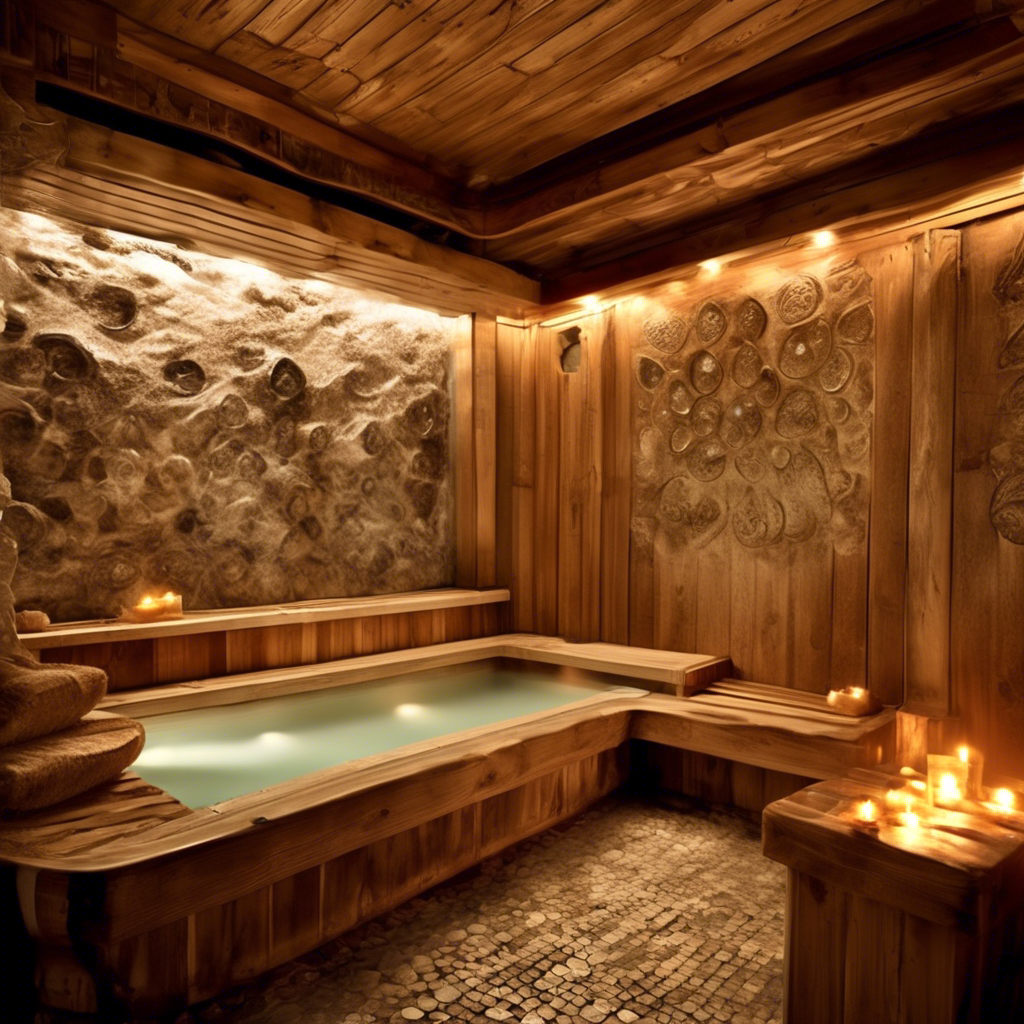 Banheira de hidromassagem em madeira com decoração rústica e velas acesas