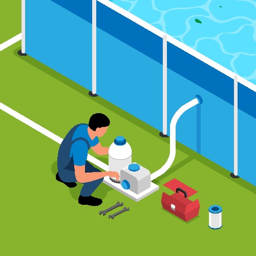 Homem a reparar bomba de piscina branca junto à piscina e ferramentas numa área com relva