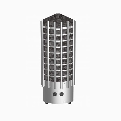 Fogão de canto para Sauna HARVIA TRC Aquecedor de sauna metálico cilíndrico com pedras pretas e botões na base