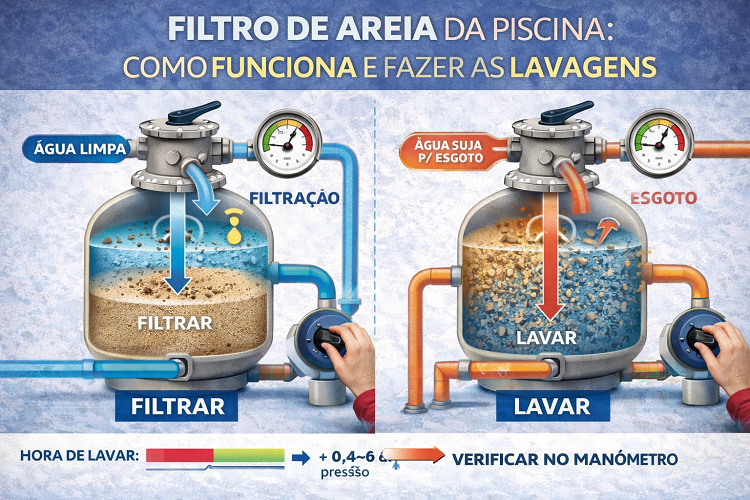 Filtro de areia para piscina com sistema de filtração e lavagem ilustrado com tubos coloridos e manómetros