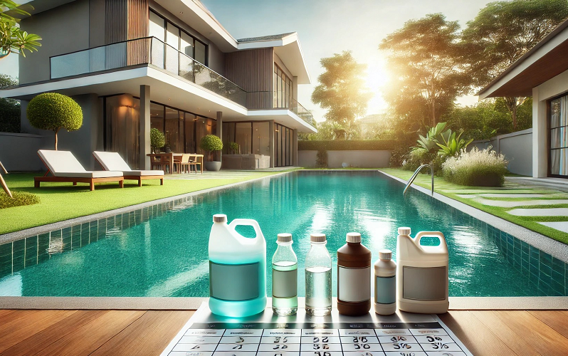 Frascos diversos junto a piscina numa casa moderna com espreguiçadeiras e jardins