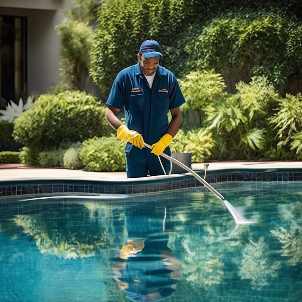 Homem a limpar piscina com rede, uniforme azul e luvas amarelas em jardim verde