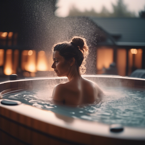 Mulher numa banheira de hidromassagem de madeira ao ar livre com vapor