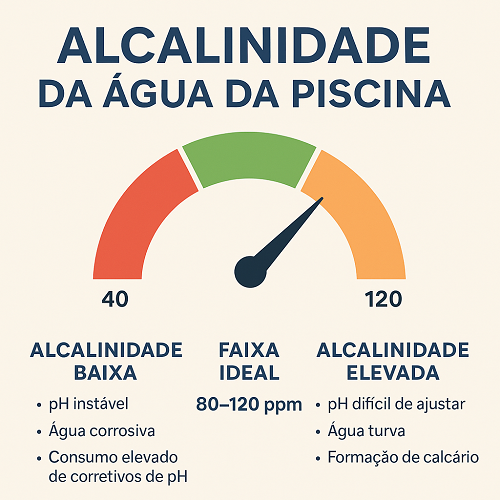 Gráfico colorido mostra alcalinidade da água da piscina com texto explicativo.