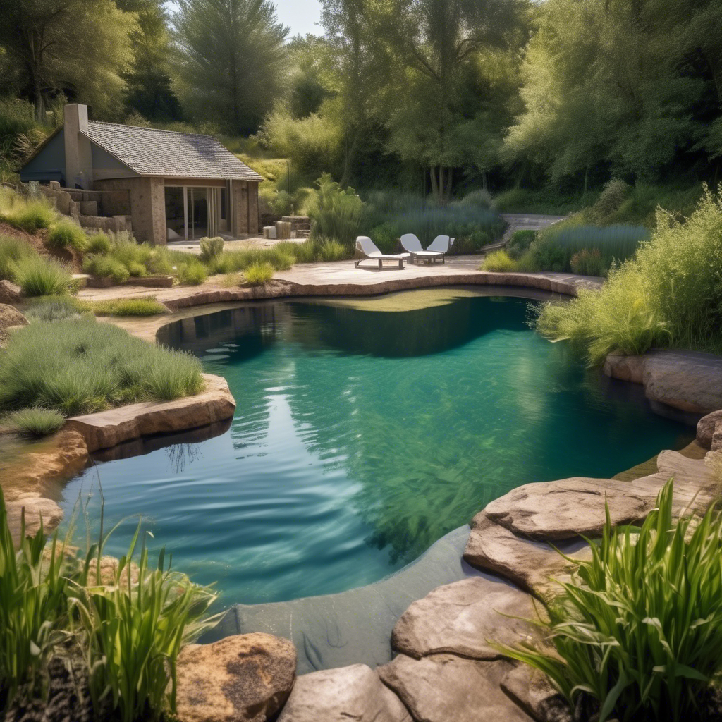 Piscina natural com bordas de pedra, vegetação e casa de campo ao fundo