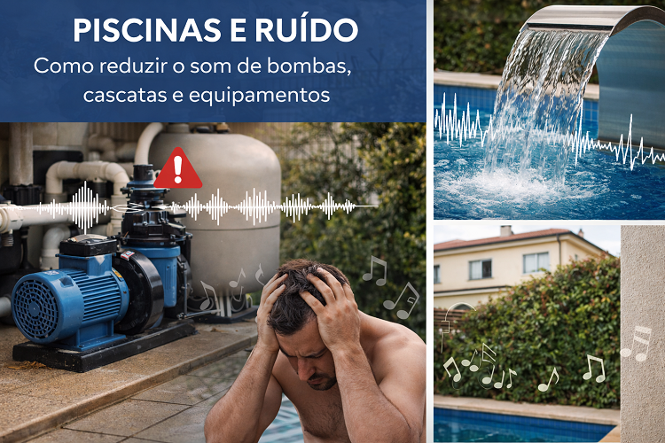 Bomba de piscina, homem incomodado, cascata de água na piscina, texto sobre ruído nas piscinas