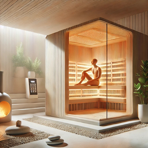 Sauna moderna em madeira clara com vidro e ambiente minimalista