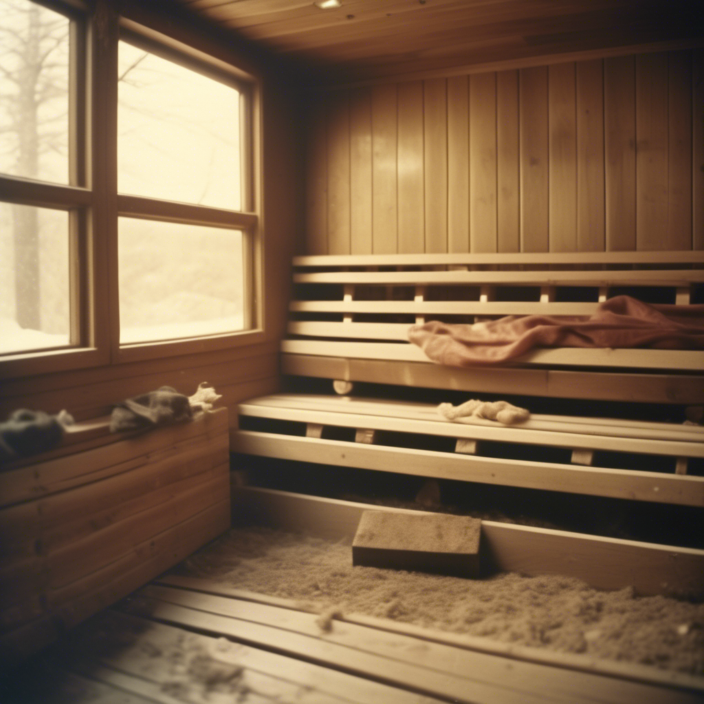 Sauna interior com bancos de madeira, janela e panos estendidos