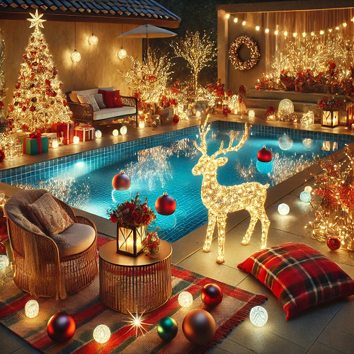 Área exterior decorada para o Natal com piscina, rena iluminada, árvore de Natal branca, almofadas xadrez e luzes