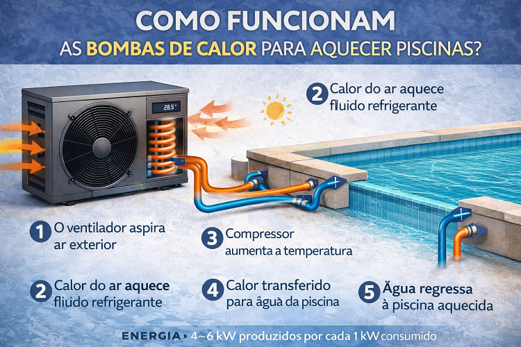 Ilustração de bomba de calor junto a piscina com setas e texto explicativo em português.