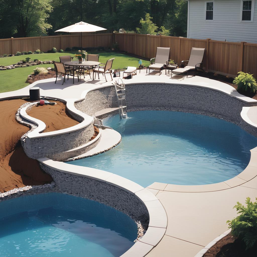 Piscina exterior com pavimento bege, mobiliário de jardim e relva sintética