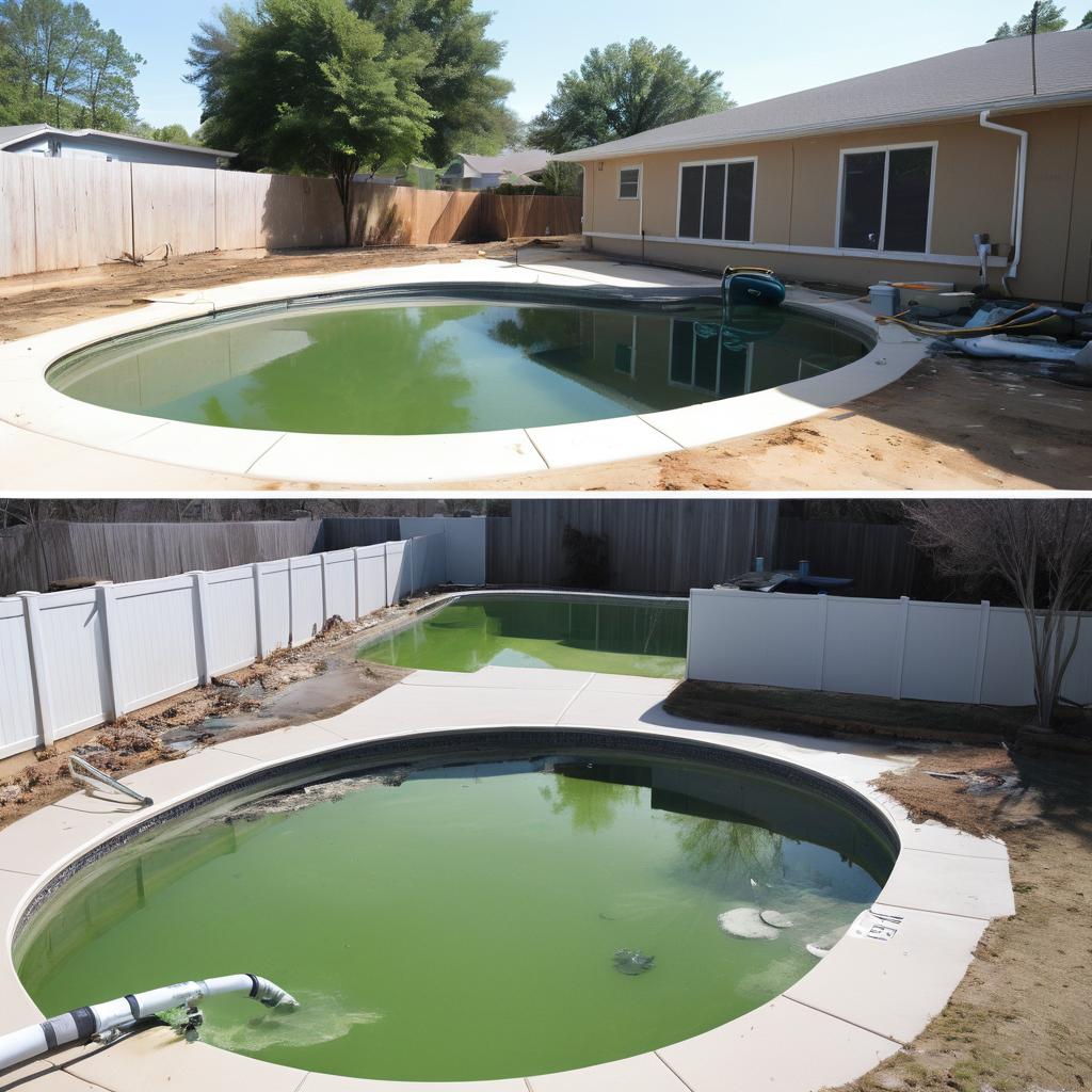 Tenho a água da piscina verde com manchas negras. Como resolver? Piscina oval com água verde em área externa cercada por vedação e casas ao fundo
