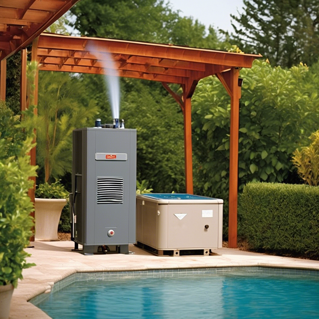 Filtro ou aquecedor AMERISTAR ao lado de uma piscina exterior, sob uma estrutura de madeira com vegetação.