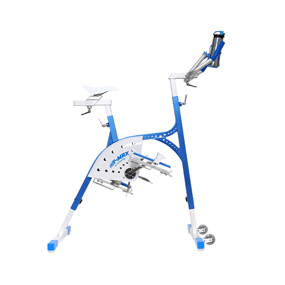 Aquabike Waterflex WR MAX Bicicleta de spinning azul e branca com assento branco e suporte para garrafa