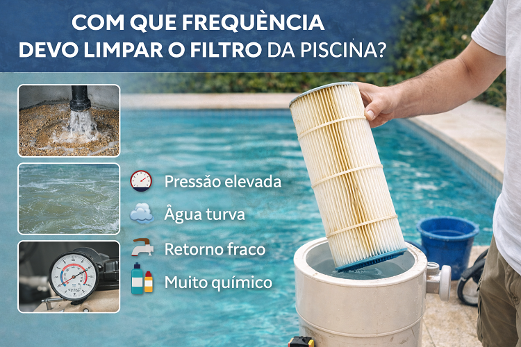 Pessoa a retirar filtro de piscina com texto explicativo sobre limpeza do filtro