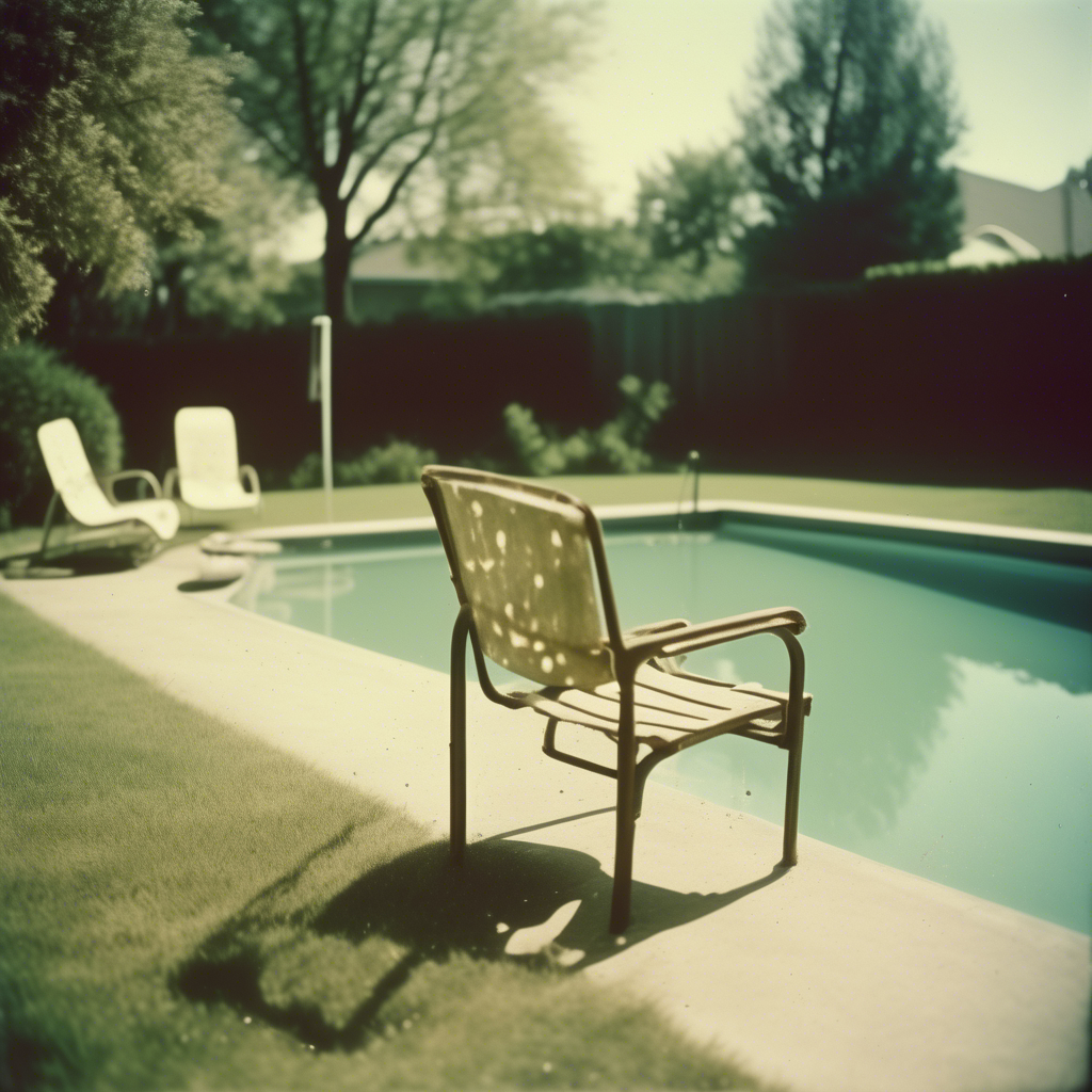 Espreguiçadeiras metálicas brancas junto a piscina exterior com borda em concreto