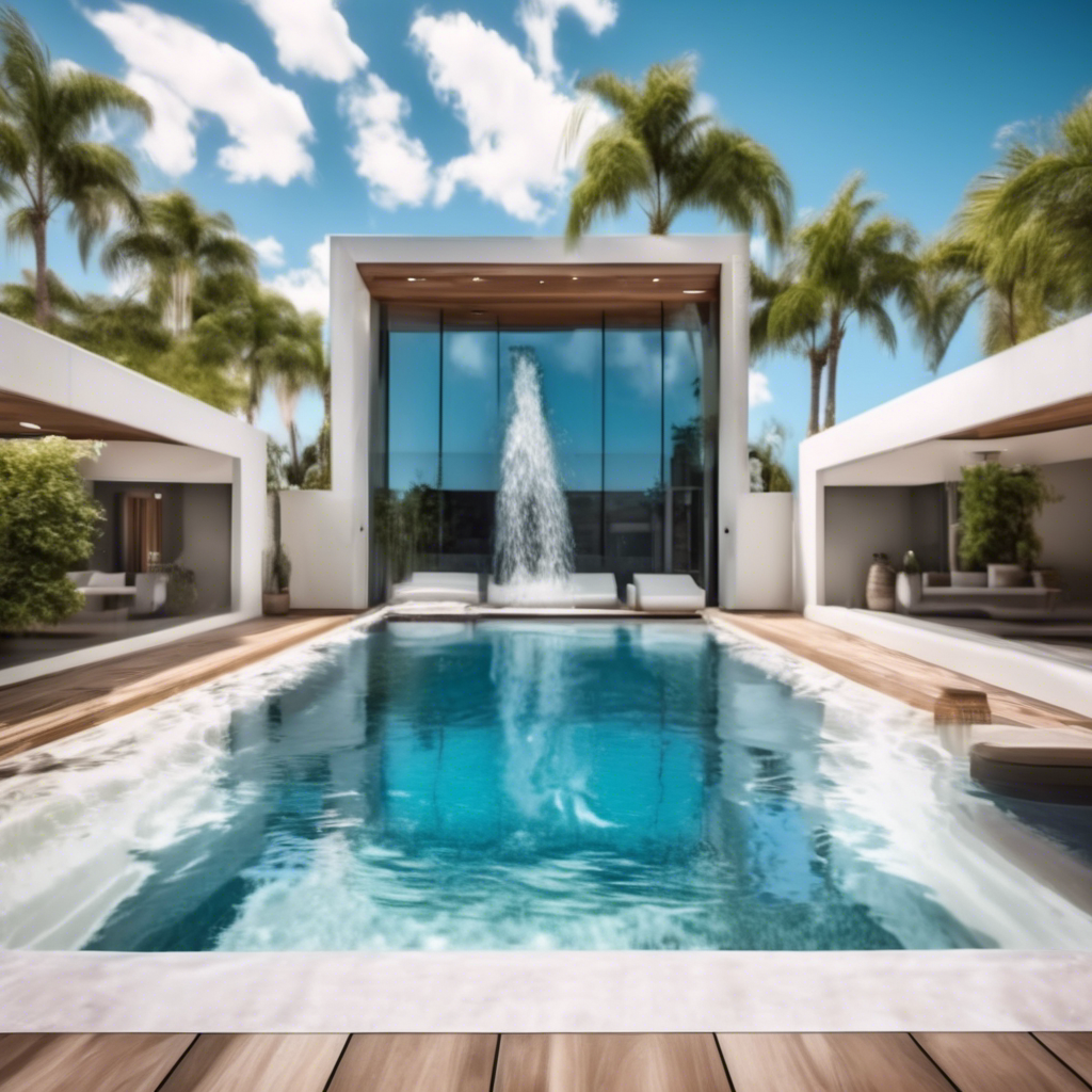 Piscina exterior retangular com fonte de água e estrutura moderna ao fundo