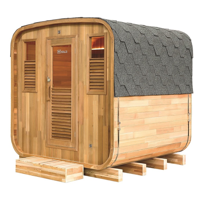 Sauna Gaïa Nova Sauna exterior em madeira com porta de vidro e telhado revestido com telha asfáltica cinzenta
