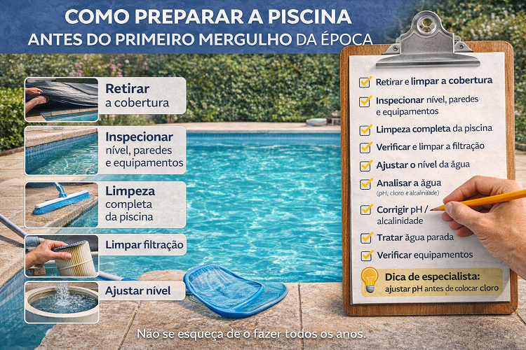 Piscina azul clara ao ar livre com lista de verificação para preparação da piscina em português