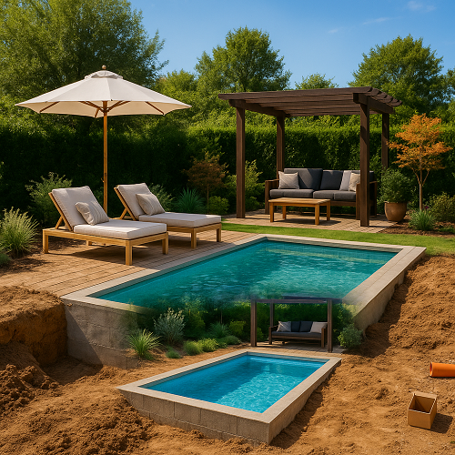 piscina retangular exterior com espreguiçadeiras, guarda-sol e pérgola com sofá num jardim