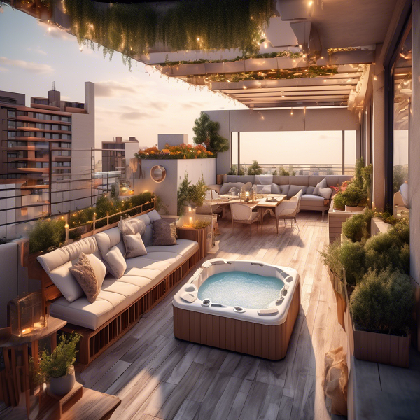 Varanda moderna com jacuzzi, sofás e iluminação acolhedora