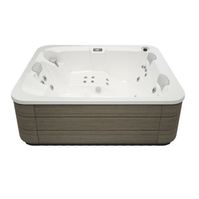 SPA Equilibre E para 3 pessoas ASTRAL Banheira de hidromassagem branca com base castanha que imita madeira