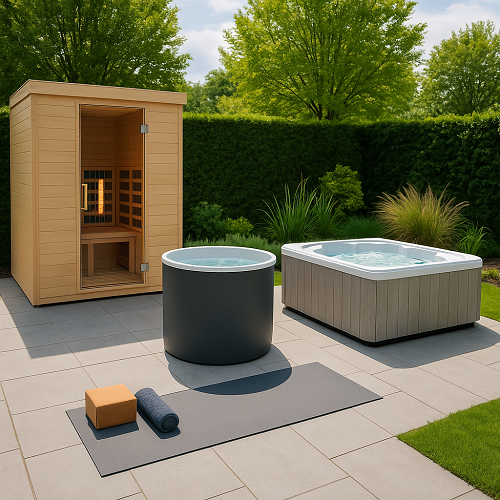 Sauna de madeira ao ar livre, duas banheiras de hidromassagem, acessórios de yoga num espaço exterior com relva e árvores.