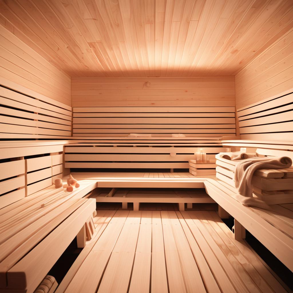 Interior de sauna em madeira clara com toalhas e escova