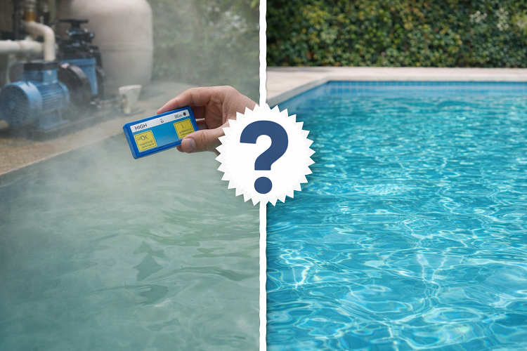 Mão segura medidor azul sobre água turva e piscina com água limpa