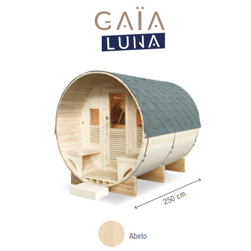 SAUNA EXTERIOR GAÏA LUNA 250 Estrutura cilíndrica de madeira com telhado cinza e janelas, texto GAÏA LUNA