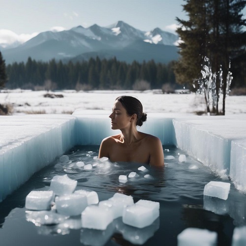 Mulher tomando banho de gelo ao ar livre em tanque com paredes de gelo e cubos de gelo, paisagem montanhosa nevada