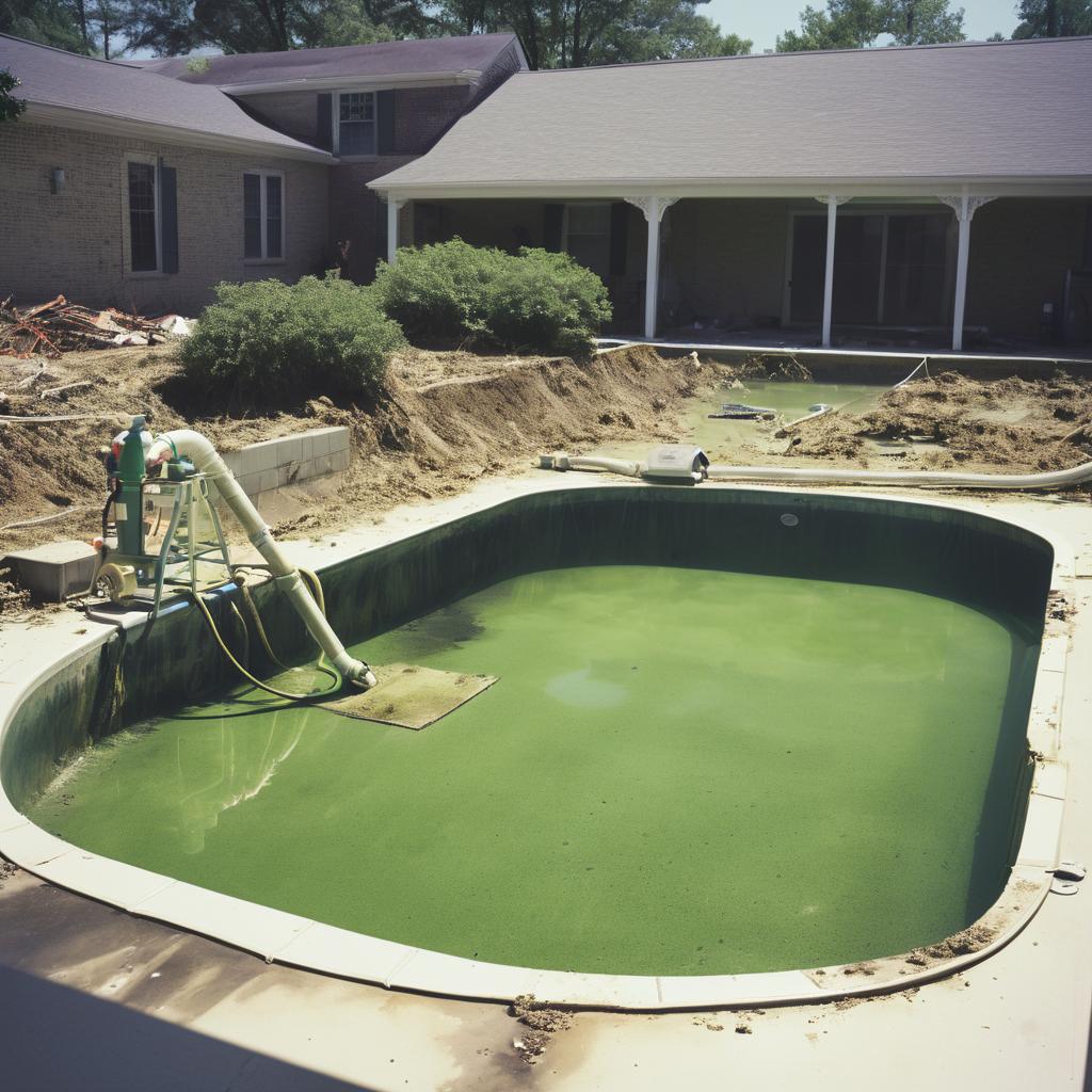 Água da piscina está castanha, o que faço? Piscina ao ar livre retangular com água verde turva junto a casa