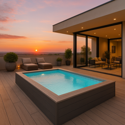 Piscina elevada numa varanda com espreguiçadeiras e vasos de plantas ao pôr do sol