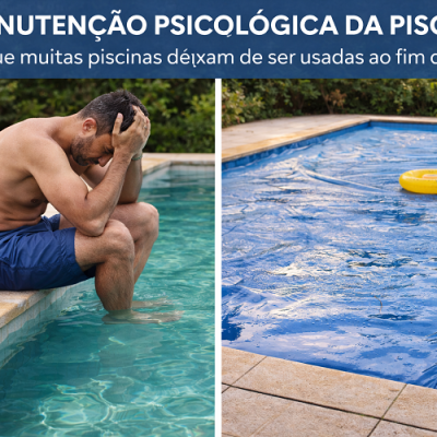 Homem sentado na borda de piscina com kit de teste de água e piscina coberta com lona azul e boias