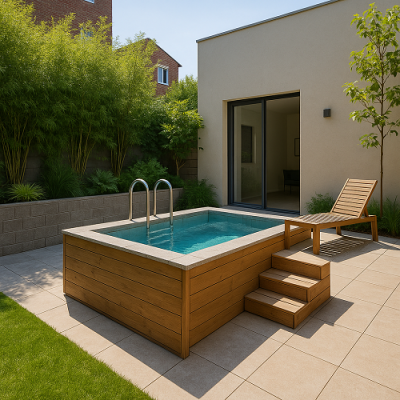 Piscina pequena elevada em madeira com escada e espreguiçadeira reclinável numa área externa com azulejos e plantas