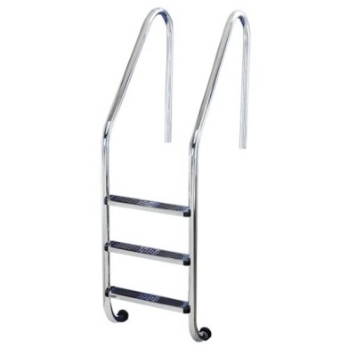 Escada cromada para piscina com três degraus em plástico preto