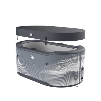 Banheira de hidromassagem portátil cinza com tampa cinza escuro e detalhes pretos