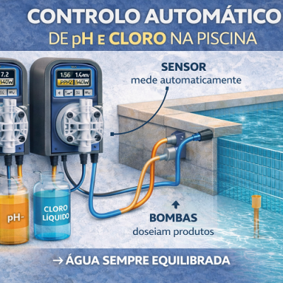 Sistema de controlo automático de pH e cloro em piscina com dispositivos digitais e conectores tubulares.