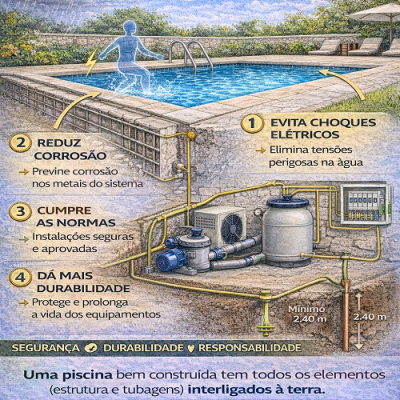 Ilustração informativa sobre ligações à terra em piscinas com piscina azul, tubagens e texto em português.
