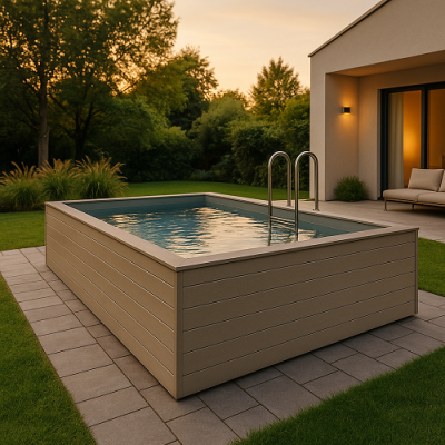 Piscina elevada retangular cinzenta em jardim com casa moderna ao fundo