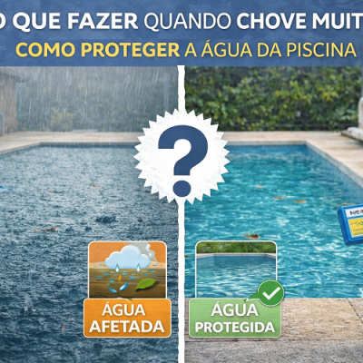 Piscina dividida mostrando água afetada pela chuva e água protegida com dispositivo de medição.