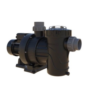 Bomba de piscina preta com motor e conexões cinza