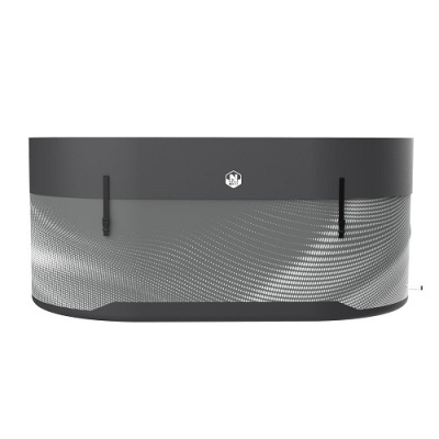 Bolsa retangular cinzenta com padrão de pontos brancos e fechos pretos