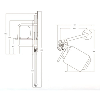 Desenho técnico com medidas de um elevador de escadas com cadeira