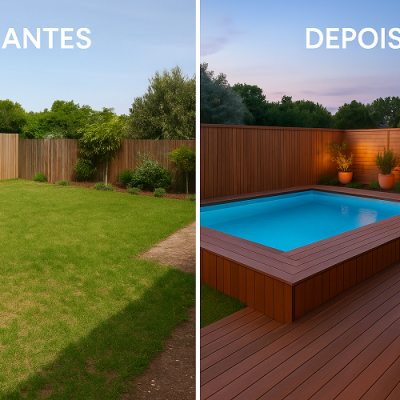 Antes e depois da transformação de um jardim com relvado para uma área com piscina elevada, deck de madeira e espreguiçadeiras.