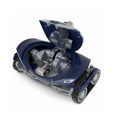 Robô aspirador de piscina azul aberto mostrando componentes internos e rodas