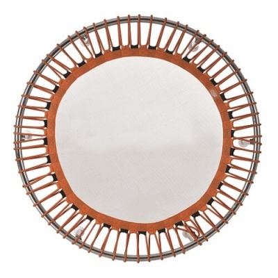 Mini trampolim redondo com estrutura metálica e elásticos castanhos